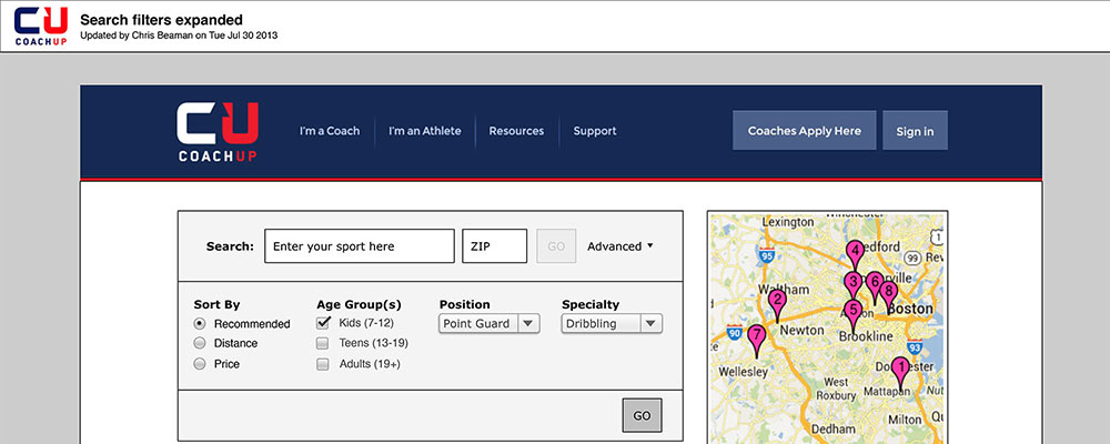 CoachUp Search Wireframes